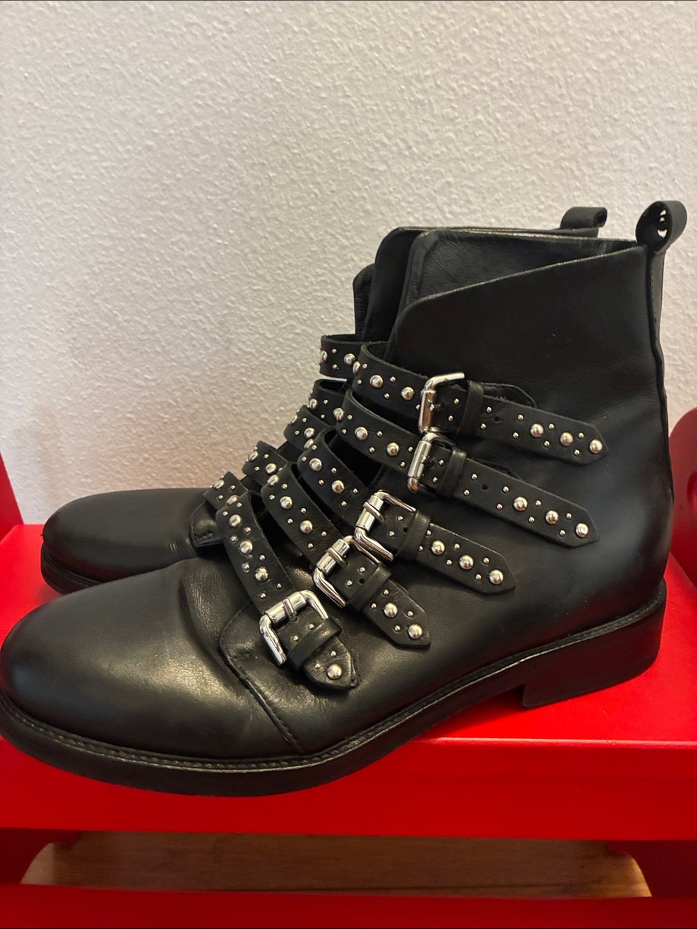 Maje Black Leather Ankle  5 silver studded buckle Boots size 39